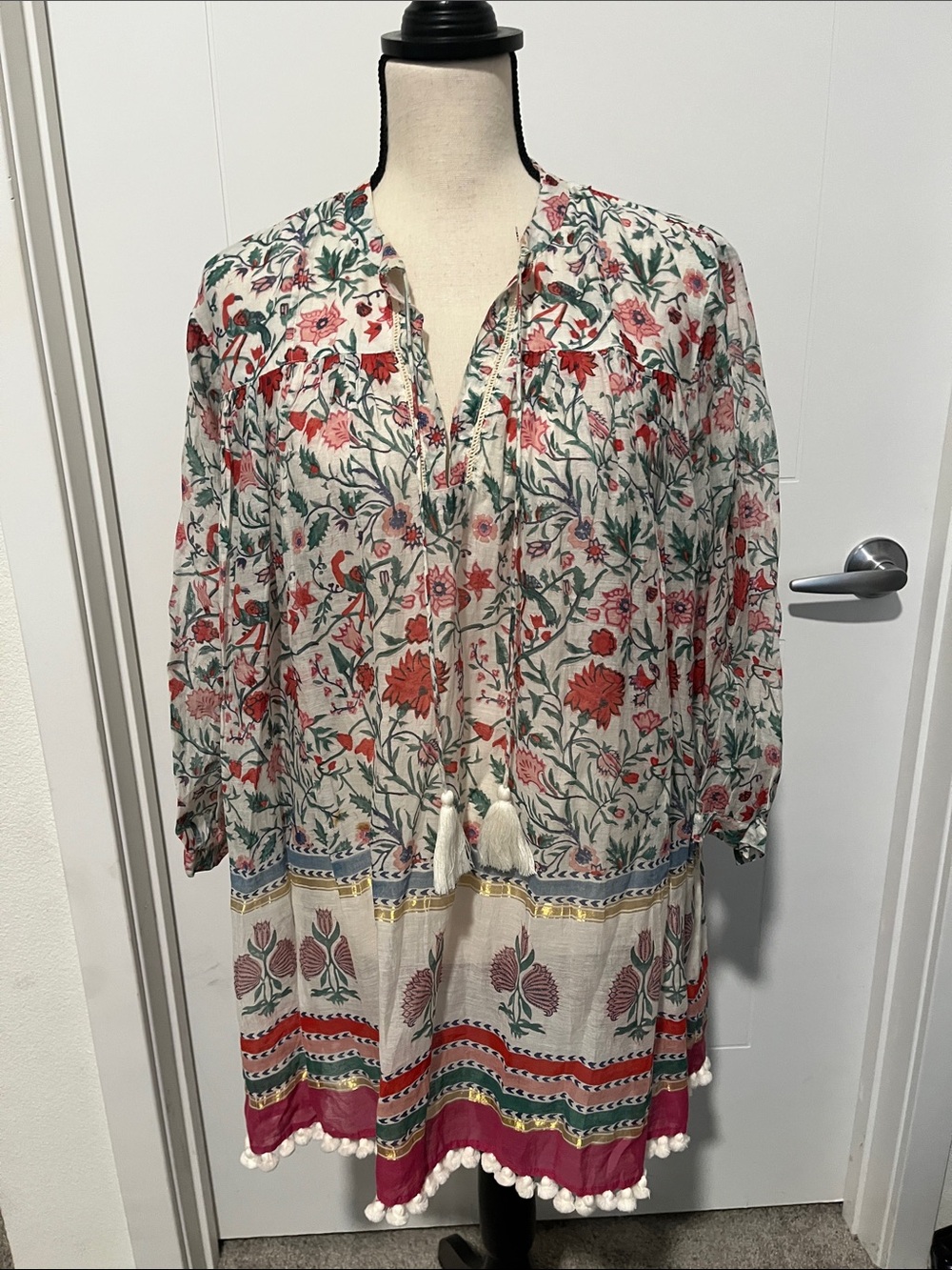 Roller Rabbit For Gorsuch Floral Pom Pom Hemline Tunic Top Bohemian Coverup